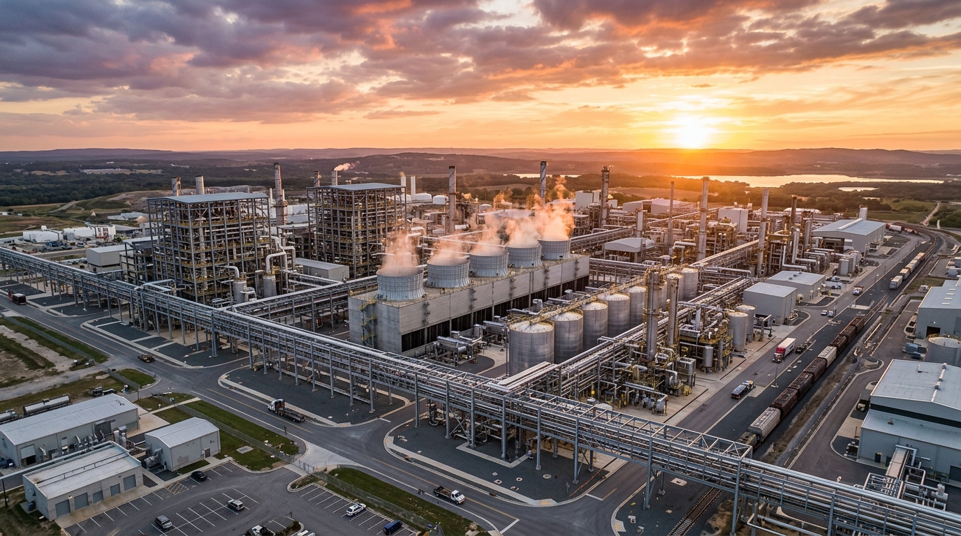 Industrial manufacturing plant with piping systems and processing equipment