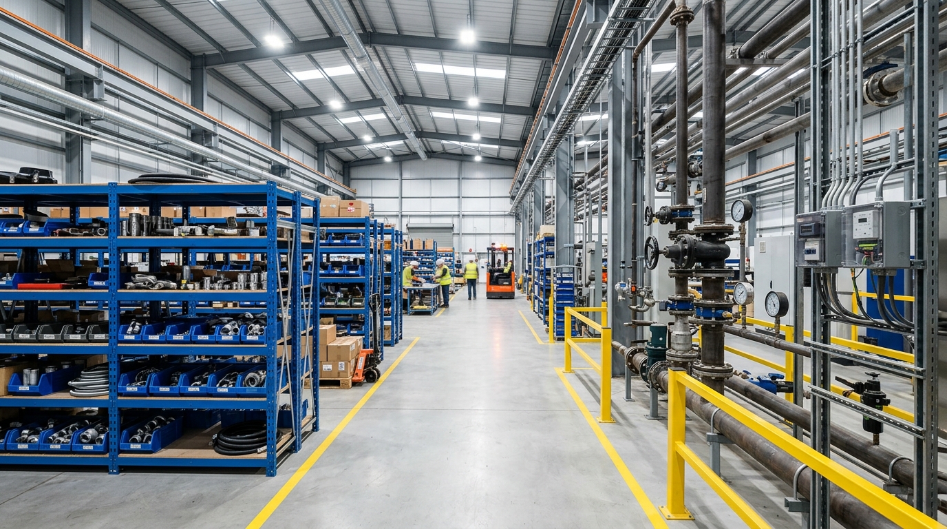 Industrial warehouse with precision equipment and components